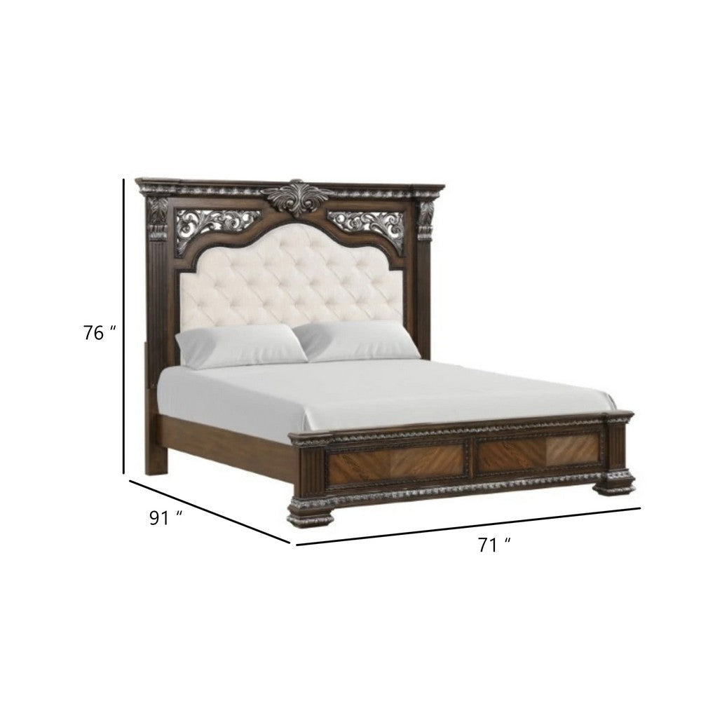 Naddy Queen Bed | White Fabric Pleated Upholstery | Espresso Brown Wood BM342482