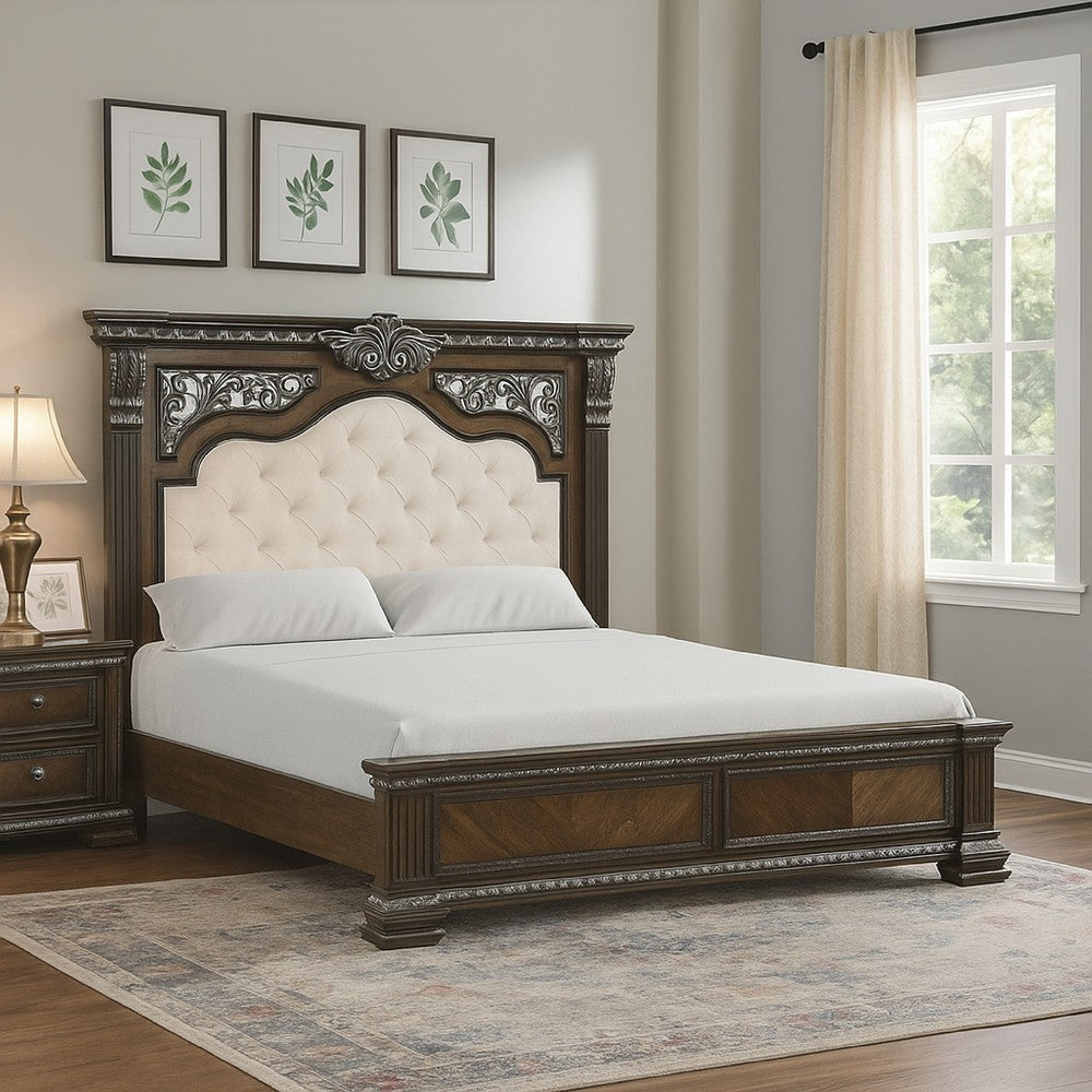 Naddy Queen Bed | White Fabric Pleated Upholstery | Espresso Brown Wood BM342482