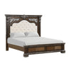 Naddy Queen Bed | White Fabric Pleated Upholstery | Espresso Brown Wood