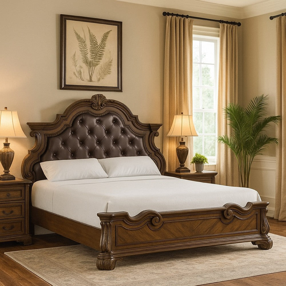 Leova Queen Bed | Bombay Headboard | Faux Leather Upholstery | Dark Brown BM342485