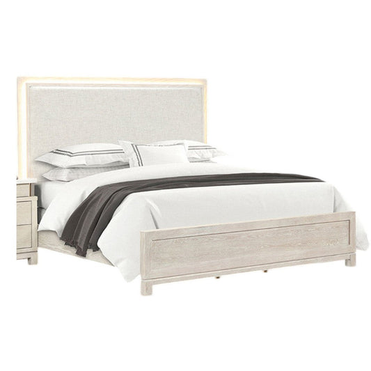 Loji King Bed | Upholstered Headboard w LED | Weathered Gray Wood