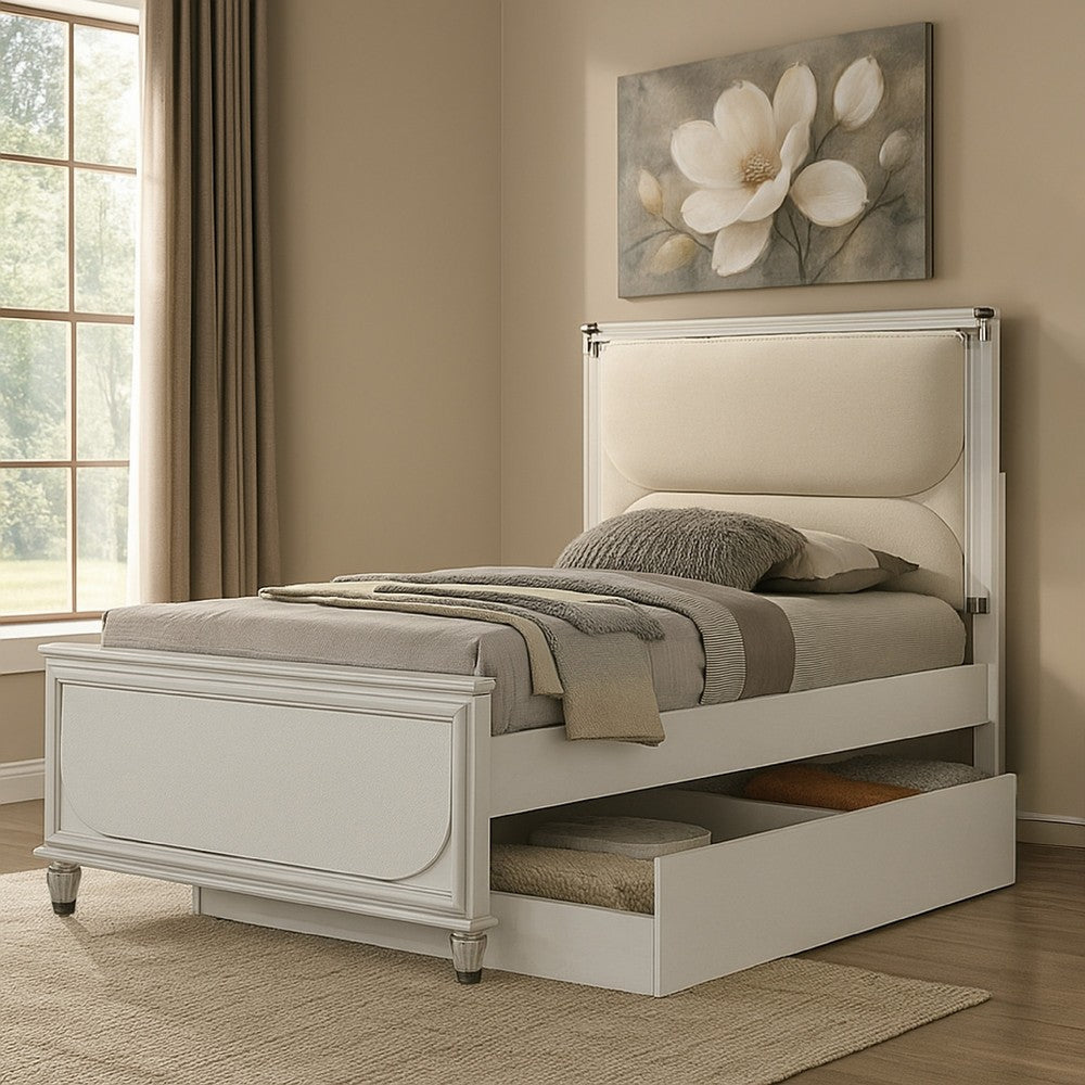 Dima Full Bed | Upholstered Headboard w LED | Pearl White | Clear Legs BM342493