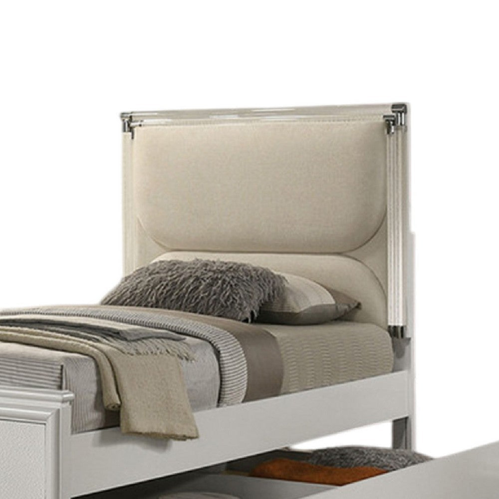 Dima Twin Bed | Upholstered Headboard w LED | Pearl White | Clear Legs BM342494