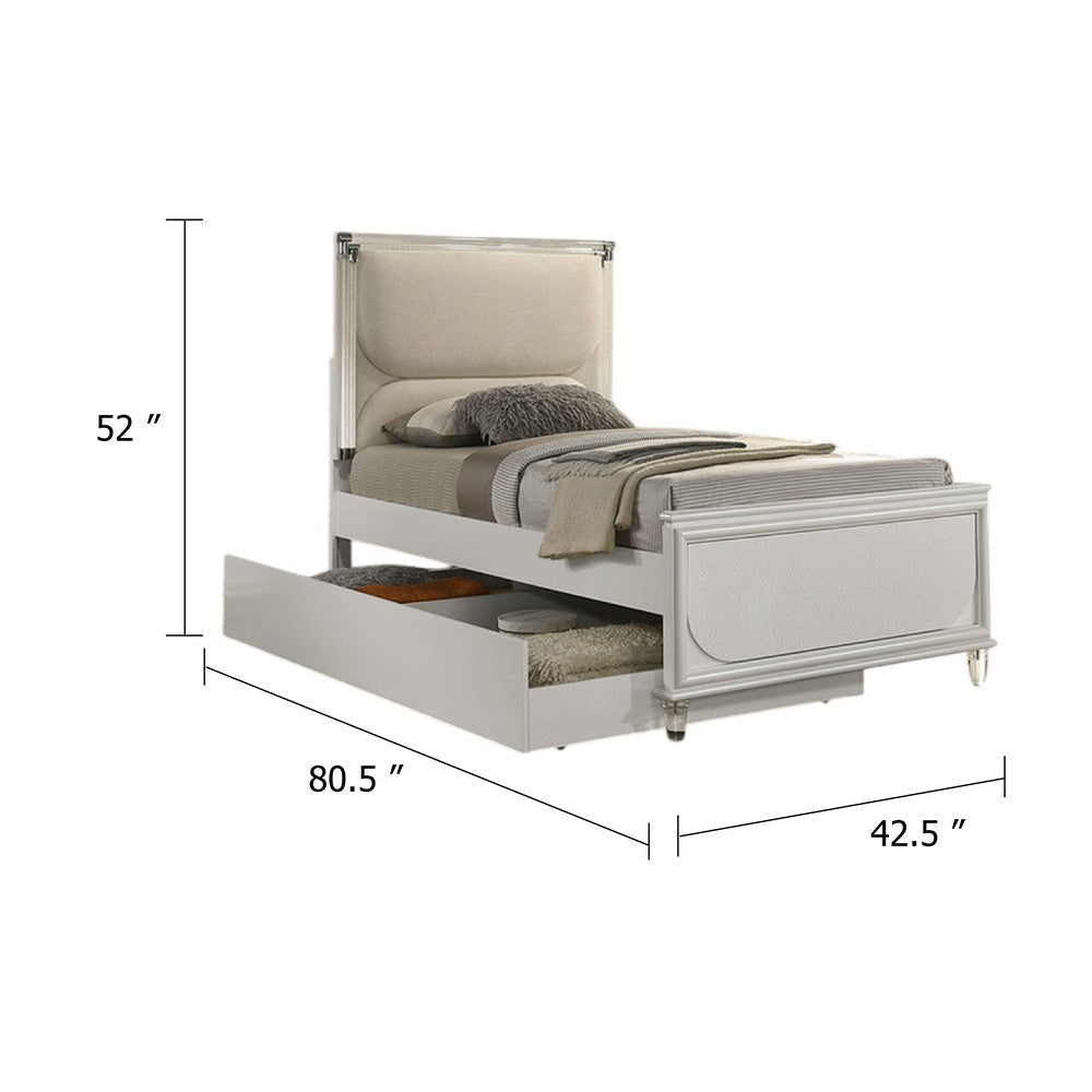 Dima Twin Bed | Upholstered Headboard w LED | Pearl White | Clear Legs BM342494