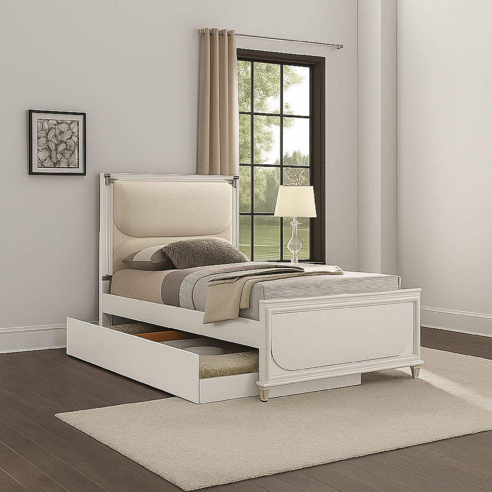 Dima Twin Bed | Upholstered Headboard w LED | Pearl White | Clear Legs BM342494