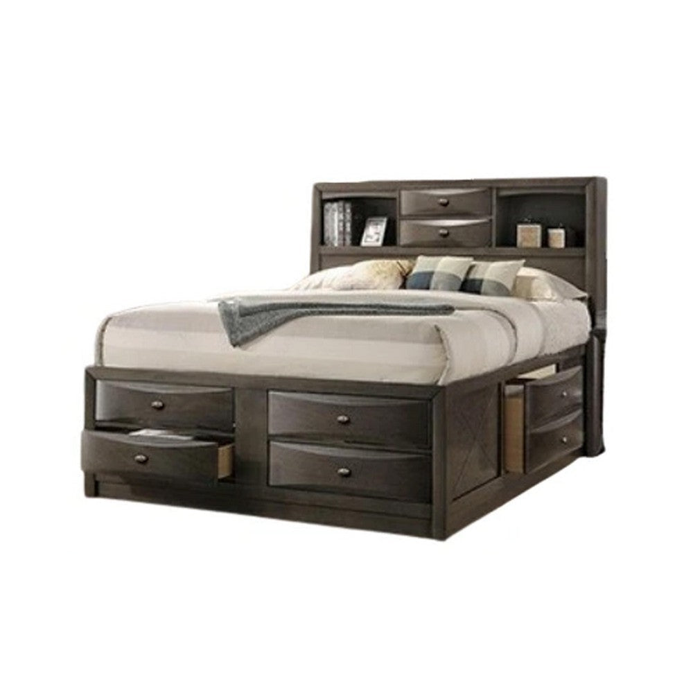 Simo Queen Bed | Bookcase Headboard | Storage Drawers | Gray BM342500