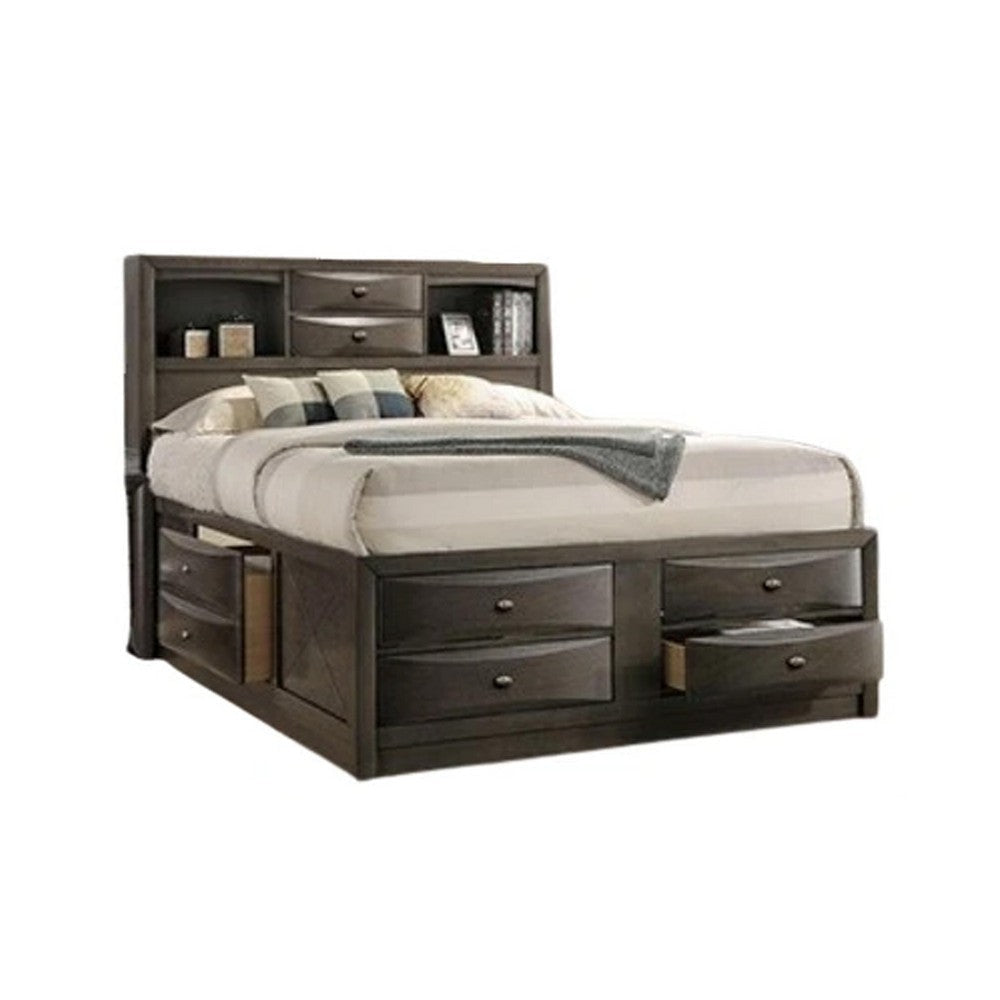 Simo Queen Bed | Bookcase Headboard | Storage Drawers | Gray
