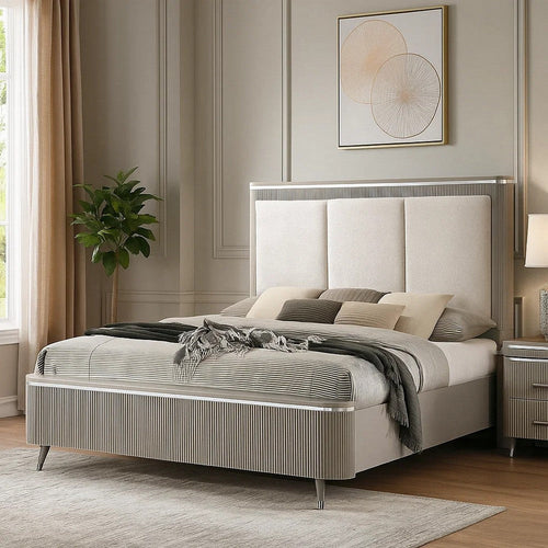 Gema Queen Bed | Channeled Upholstery | Reeded w Silver Line | Light Gray