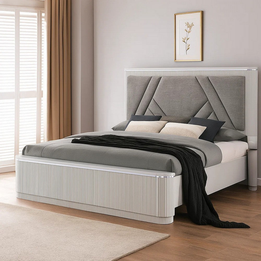 Alda King Bed | Upholstered Geometric Headboard | Light Gray Reeded Wood BM342502