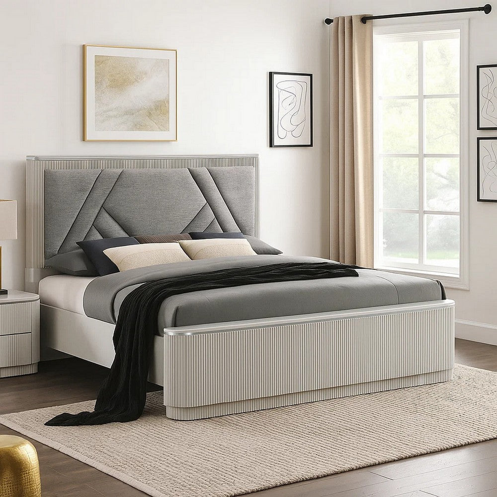Alda King Bed | Upholstered Geometric Headboard | Light Gray Reeded Wood
