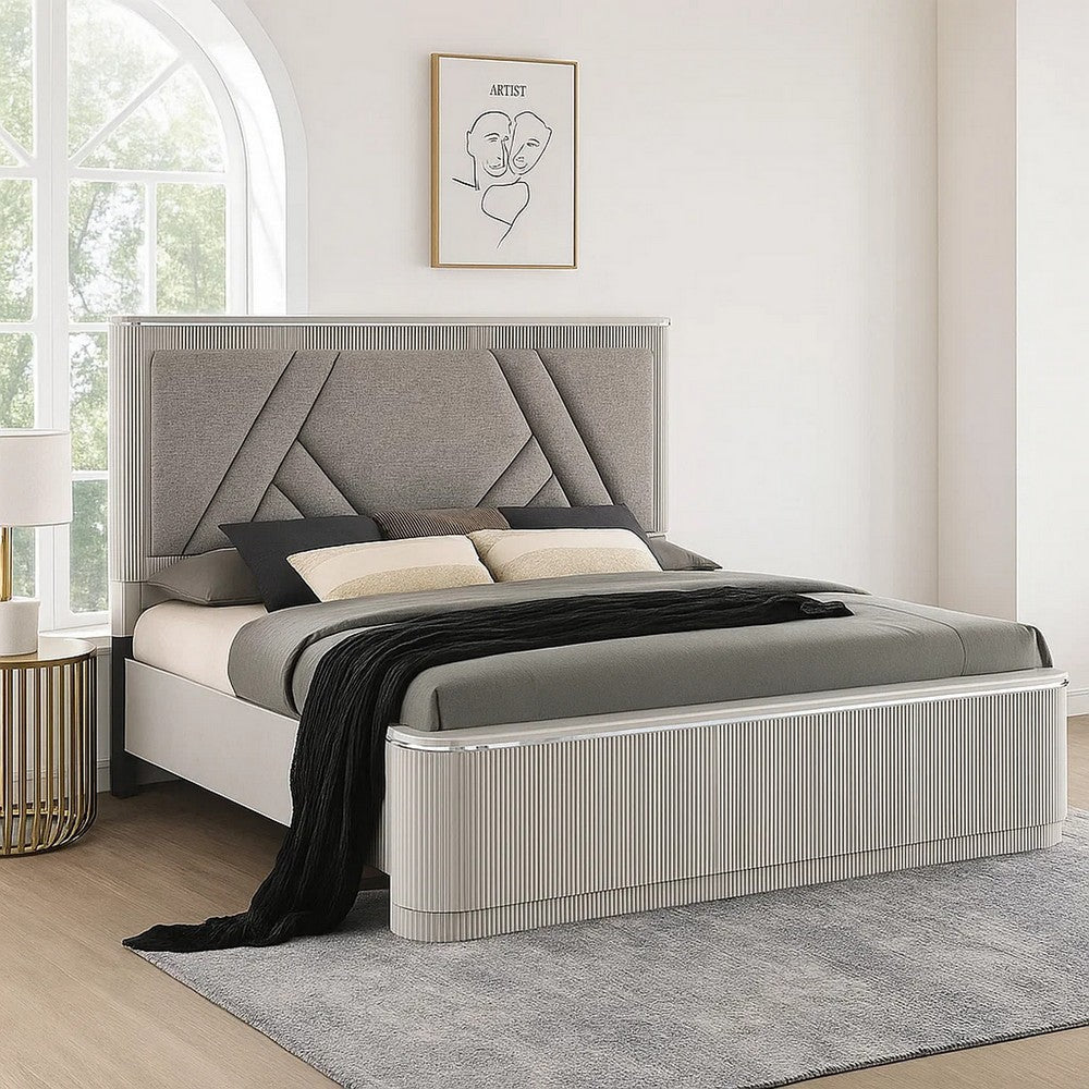 Alda Queen Bed | Upholstered Geometric Headboard | Light Gray Reeded Wood BM342503