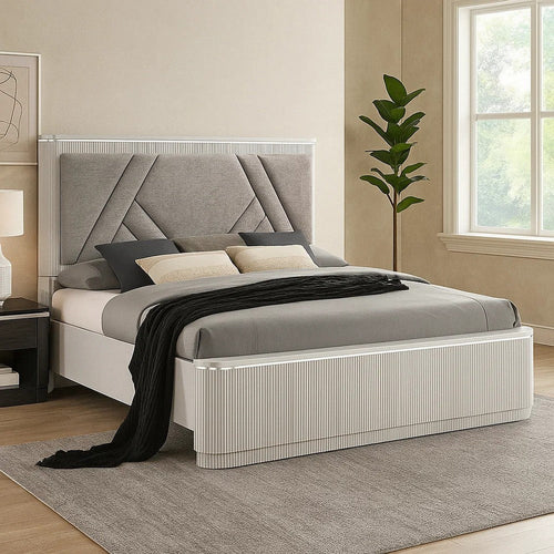 Alda Queen Bed | Upholstered Geometric Headboard | Light Gray Reeded Wood