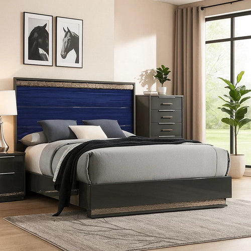 Cote King Bed | Slat Panel Headboard | Ash Gray & Indigo Blue Wood