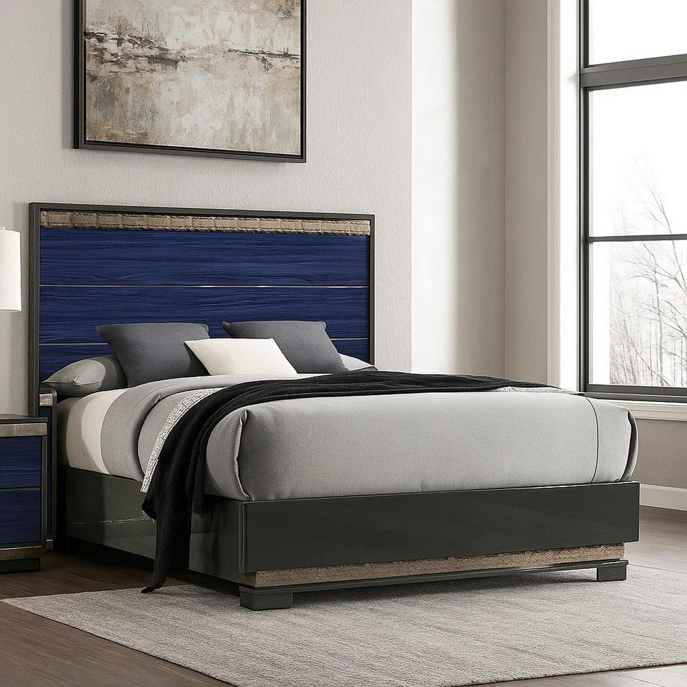 Cote Queen Bed | Slat Panel Headboard | Ash Gray & Indigo Blue Wood