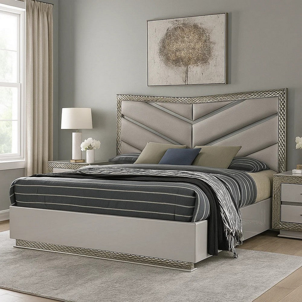Vino King Bed | Gray Chevron Satin Fabric Upholstered | Solid Wood