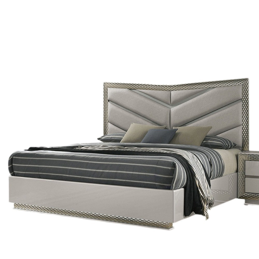 Vino King Bed | Gray Chevron Satin Fabric Upholstered | Solid Wood