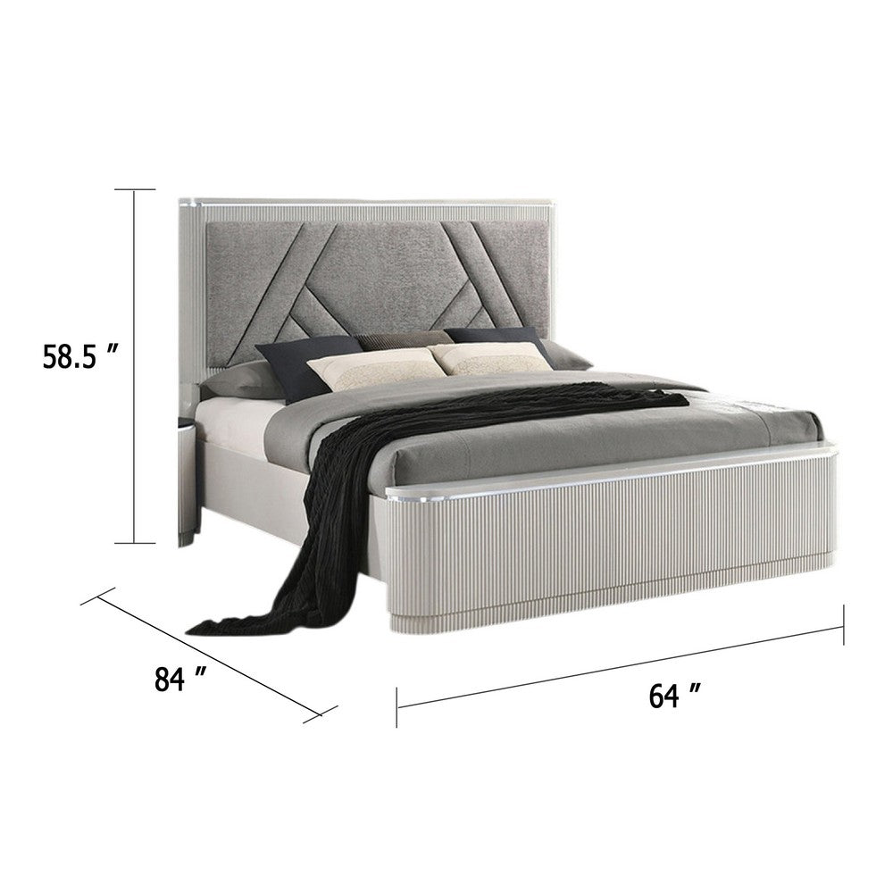 Vino Queen Bed | Gray Chevron Satin Fabric Upholstered | Solid Wood