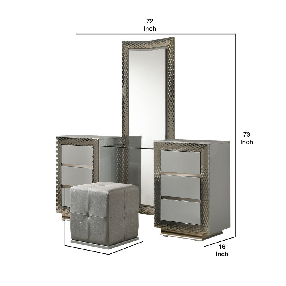 Vino 3pc Vanity Dressing Table Set w Stool | Gray | Satin Fabric | Rubberwood