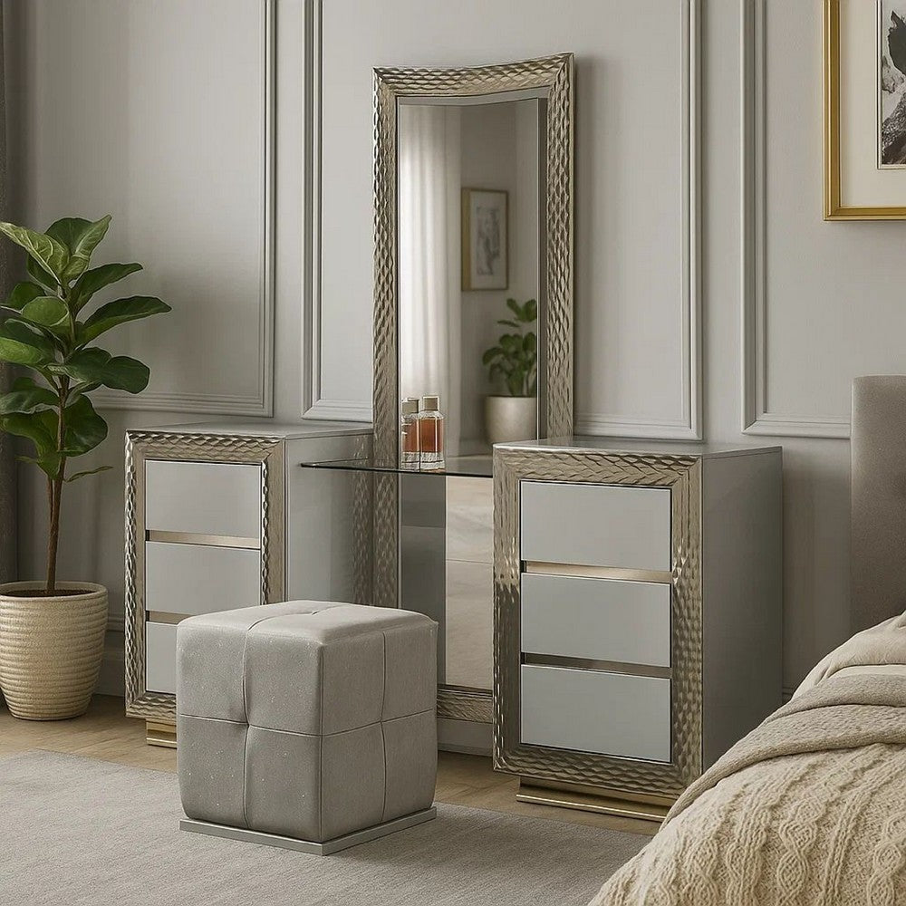 Vino 3pc Vanity Dressing Table Set w Stool | Gray | Satin Fabric | Rubberwood
