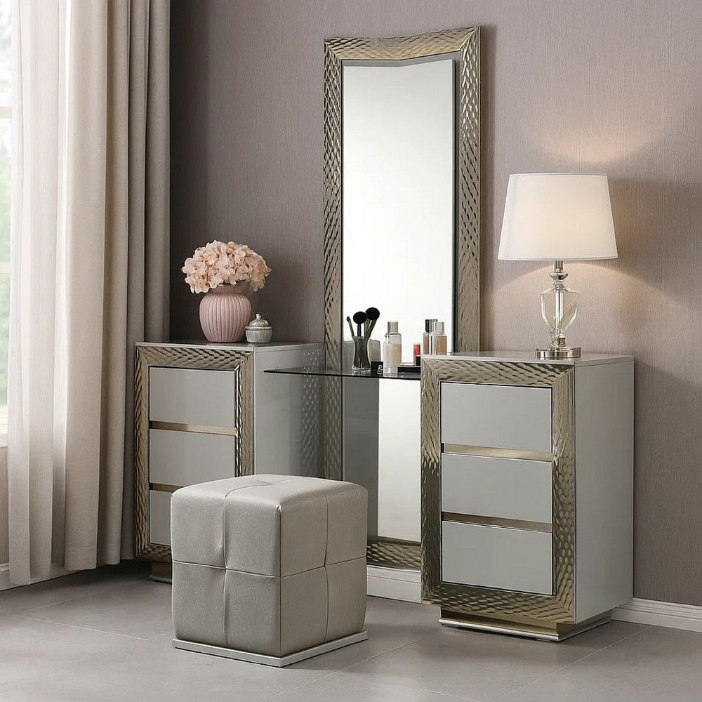 Vino 3pc Vanity Dressing Table Set w Stool | Gray | Satin Fabric | Rubberwood