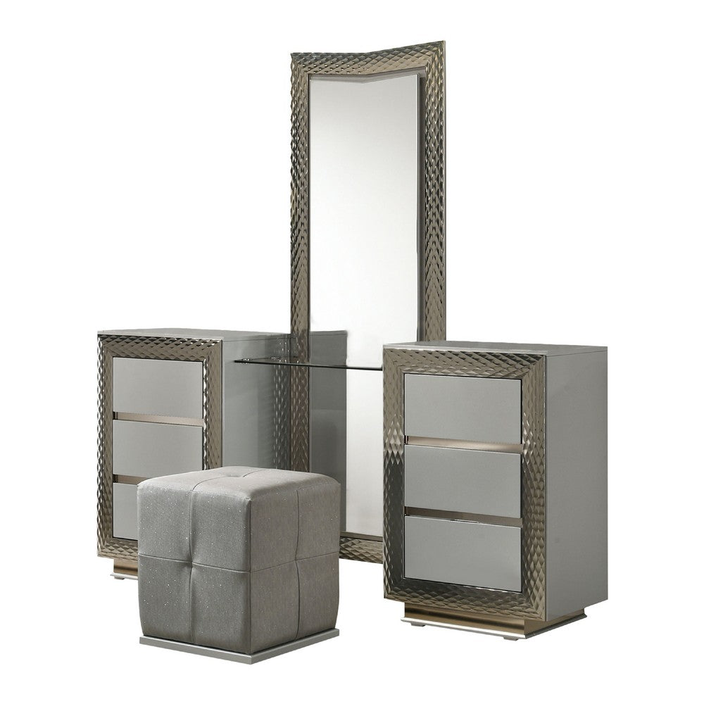 Vino 3pc Vanity Dressing Table Set w Stool | Gray | Satin Fabric | Rubberwood