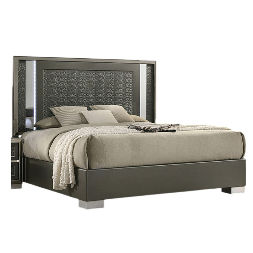 Levi King Bed | Dark Gray | Solid Teak & Rubberwood | Modern LED Lighting BM342509