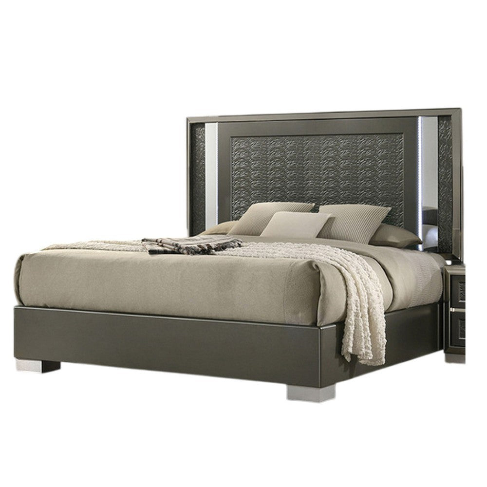 Levi King Bed | Dark Gray | Solid Teak & Rubberwood | Modern LED Lighting BM342509