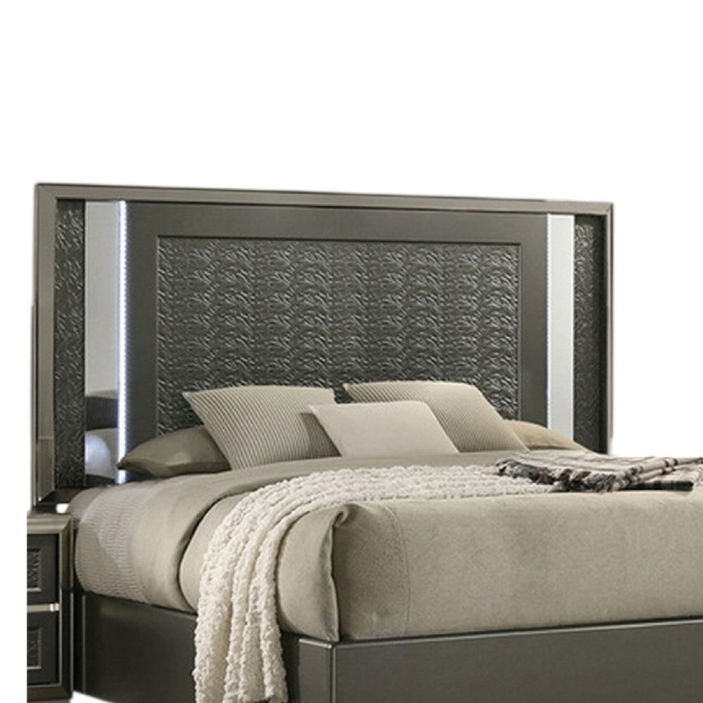 Levi King Bed | Dark Gray | Solid Teak & Rubberwood | Modern LED Lighting BM342509