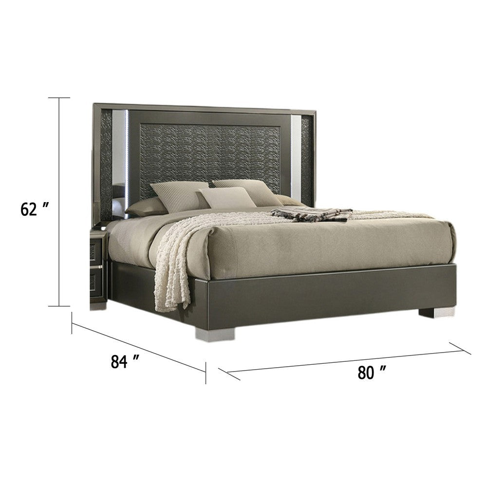 Levi King Bed | Dark Gray | Solid Teak & Rubberwood | Modern LED Lighting BM342509
