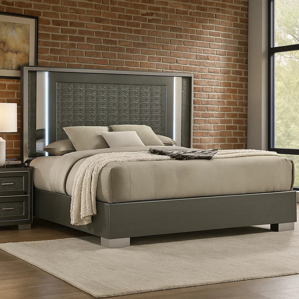 Levi King Bed | Dark Gray | Solid Teak & Rubberwood | Modern LED Lighting BM342509