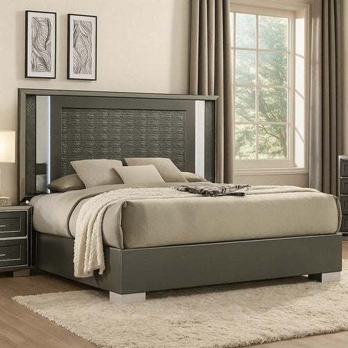 Levi King Bed | Dark Gray | Solid Teak & Rubberwood | Modern LED Lighting