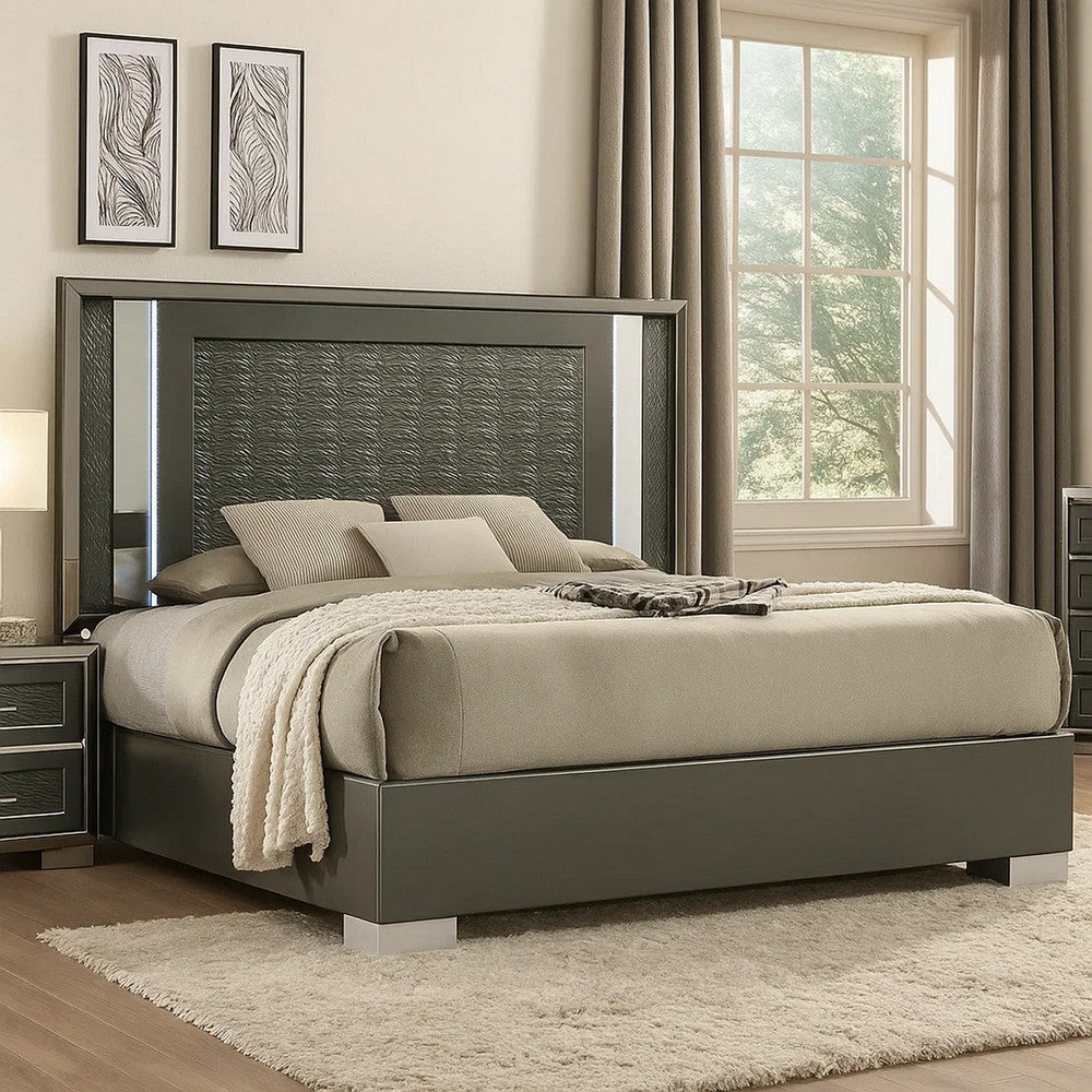 Levi King Bed | Dark Gray | Solid Teak & Rubberwood | Modern LED Lighting