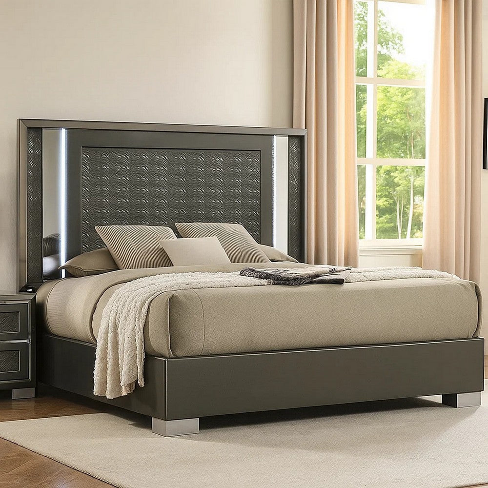 Levi Queen Bed | Dark Gray | Solid Teak & Rubberwood | Modern LED Lighting BM342510