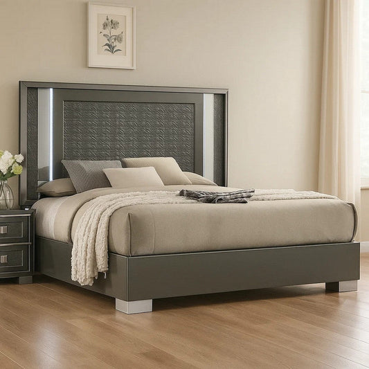 Levi Queen Bed | Dark Gray | Solid Teak & Rubberwood | Modern LED Lighting