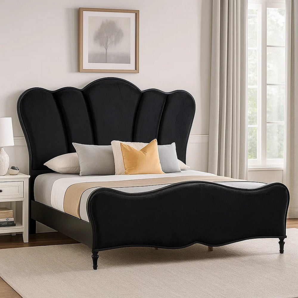 Eleena King Bed | Scalloped Padded Channel Tufting | Black Upholstery