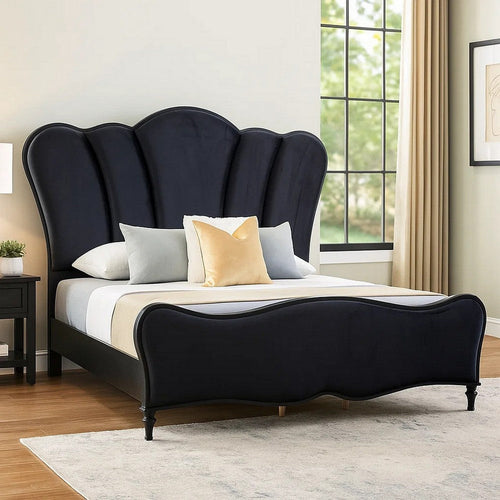 Eleena Queen Bed | Scalloped Padded Channel Tufting | Black Upholstery