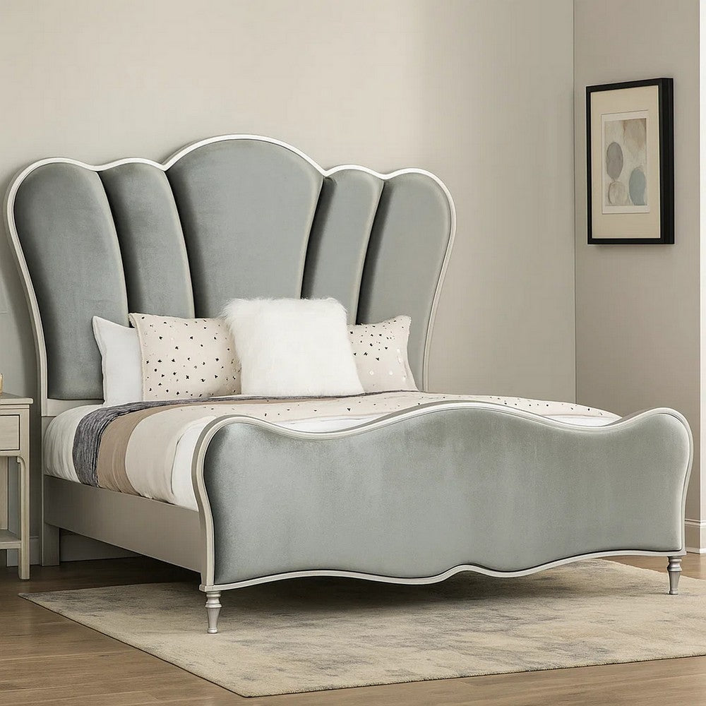 Eleena King Bed | Scalloped Padded Channel Tufting | Silver Upholstery