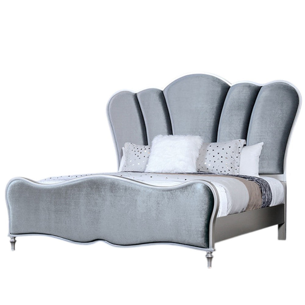 Eleena Queen Bed | Scalloped Padded Channel Tufting | Silver Upholstery BM342516