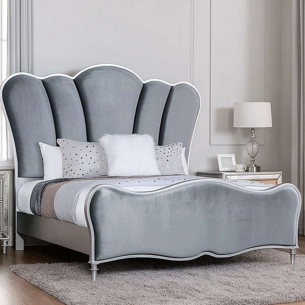 Eleena Queen Bed | Scalloped Padded Channel Tufting | Silver Upholstery BM342516