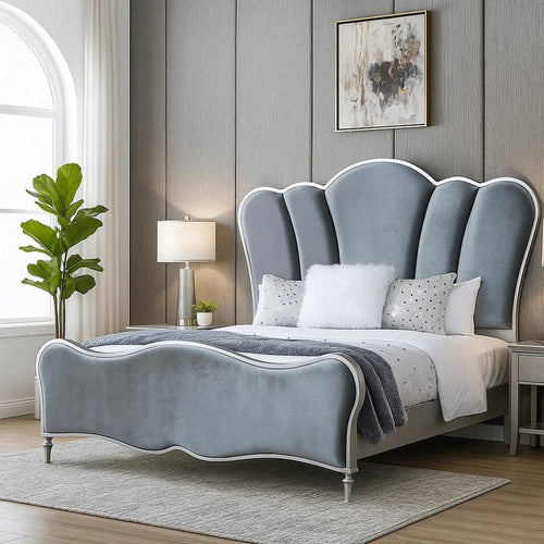 Eleena Queen Bed | Scalloped Padded Channel Tufting | Silver Upholstery