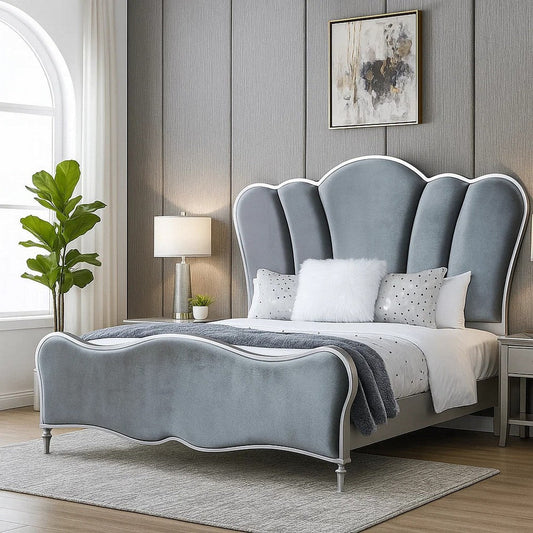 Eleena Queen Bed | Scalloped Padded Channel Tufting | Silver Upholstery