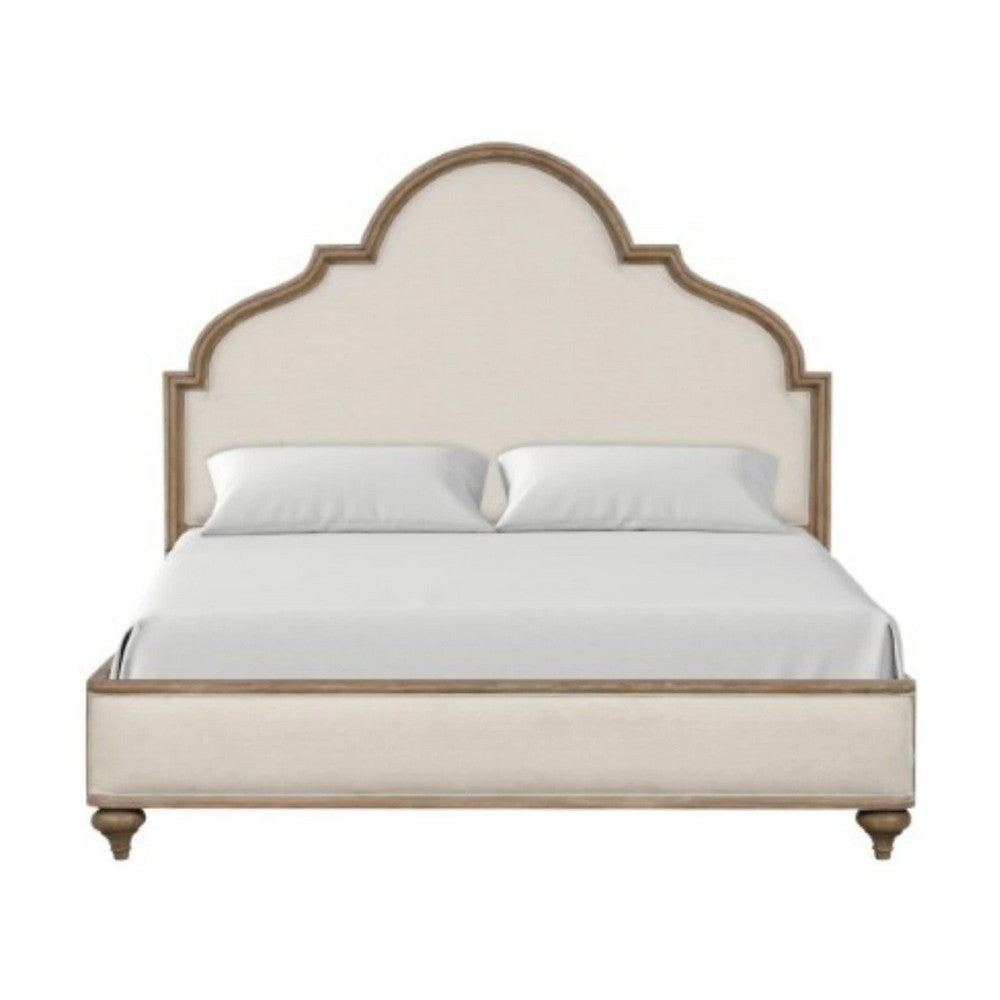 Lyla King Bed | Scalloped Ivory Upholstery | Rustic Oak Solid Wood BM342517