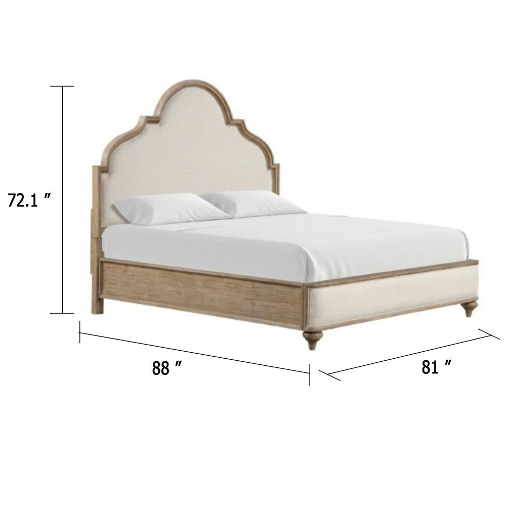 Lyla King Bed | Scalloped Ivory Upholstery | Rustic Oak Solid Wood BM342517