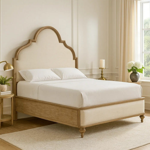 Lyla King Bed | Scalloped Ivory Upholstery | Rustic Oak Solid Wood