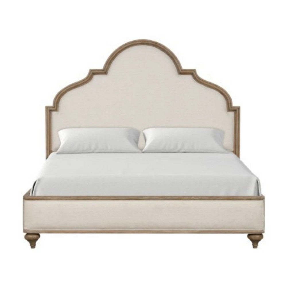 Lyla Queen Bed | Scalloped Ivory Upholstery | Rustic Oak Solid Wood BM342518