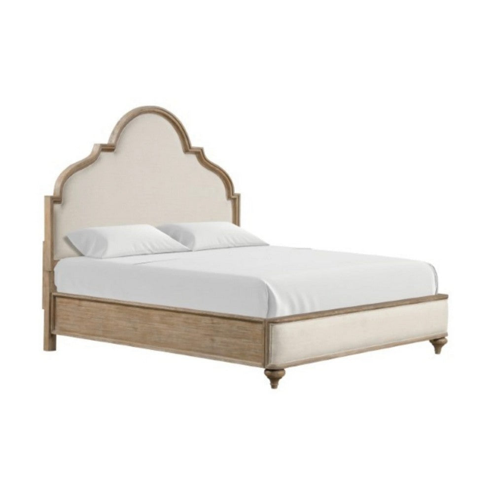 Lyla Queen Bed | Scalloped Ivory Upholstery | Rustic Oak Solid Wood