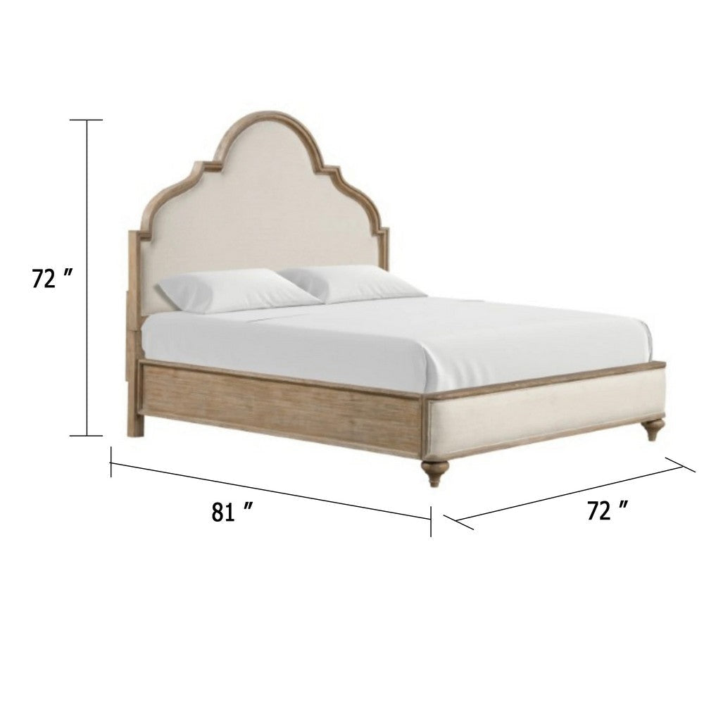 Lyla Queen Bed | Scalloped Ivory Upholstery | Rustic Oak Solid Wood BM342518