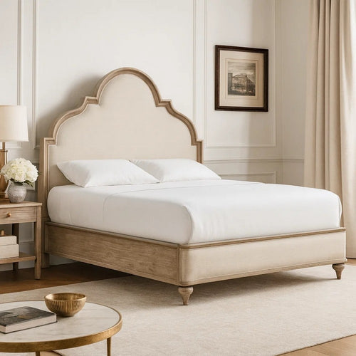 Lyla Queen Bed | Scalloped Ivory Upholstery | Rustic Oak Solid Wood