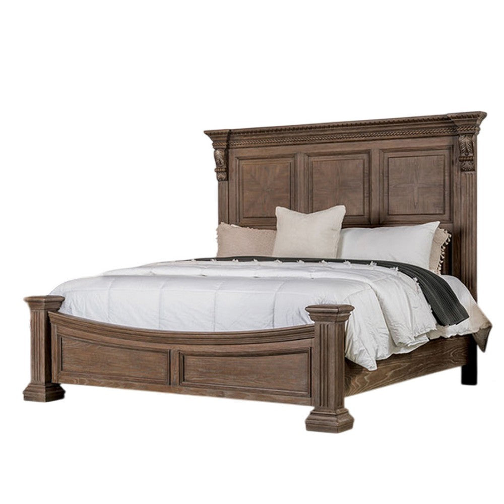 Reven King Bed | Weathered Oak | Solid Wood | Intricate Carved Details BM342519