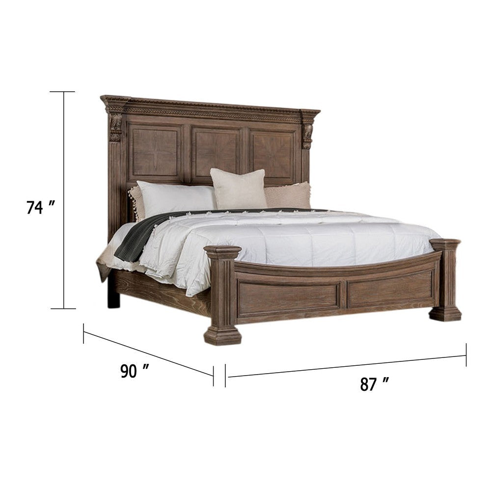 Reven King Bed | Weathered Oak | Solid Wood | Intricate Carved Details BM342519